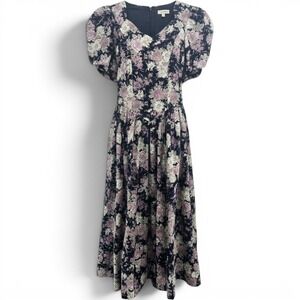 Laura Ashley Dress Womens 10 Floral Puff Sleeve Maxi Navy Pink V-Neck EUC